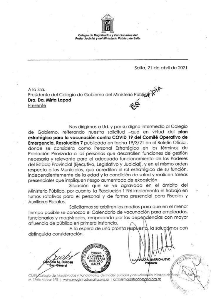 Imagen de la noticia «Pedido a la Corte y al Colegio de Gobierno por las vacunas»