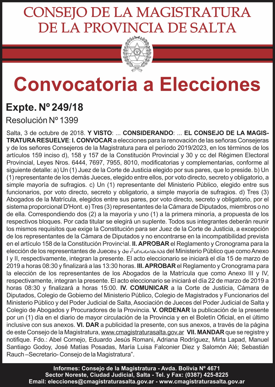 Elecciones para la Renovación de Miembros del Consejo de la Magistratura (periodo 2019-2023)