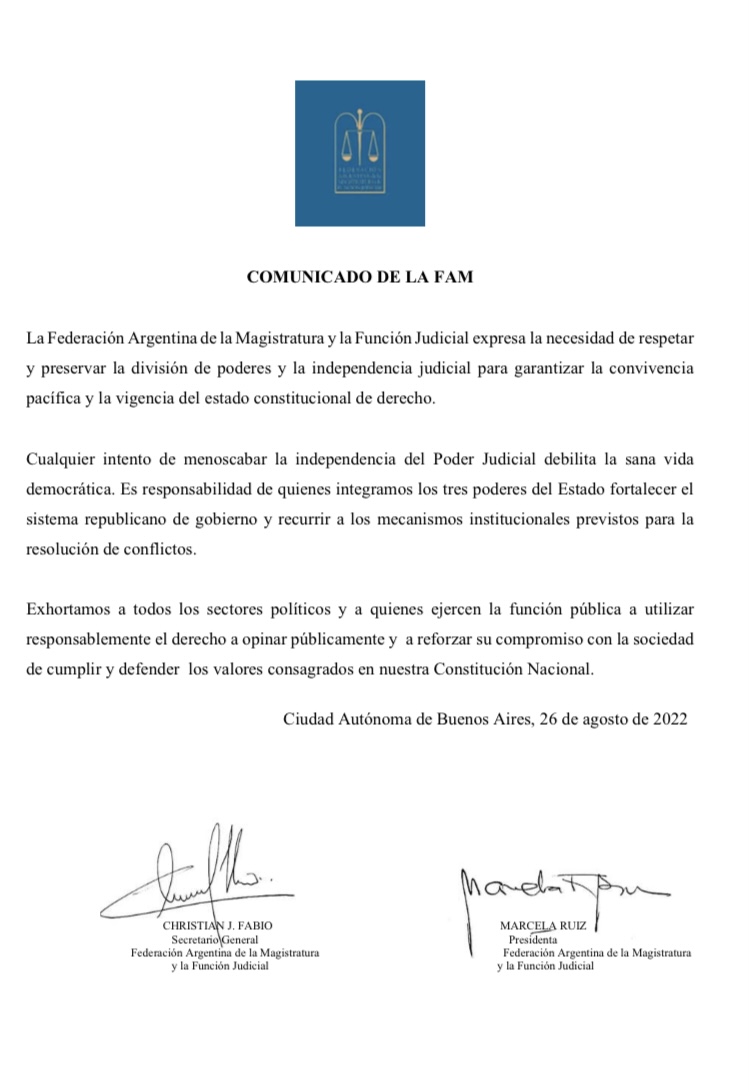 FAM expresa la necesidad de respetar la división de poderes