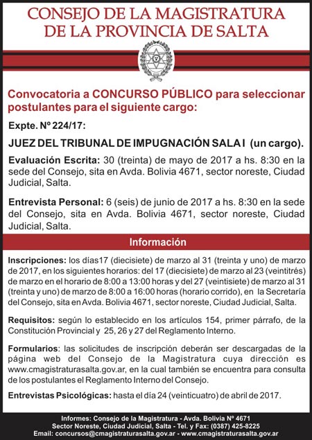 Convocan a cubrir cargo Juez Tribunal Impugnación Sala I