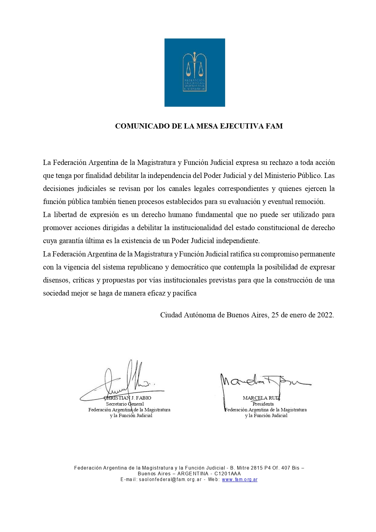 Comunicado de la Mesa Ejecutiva de FAM