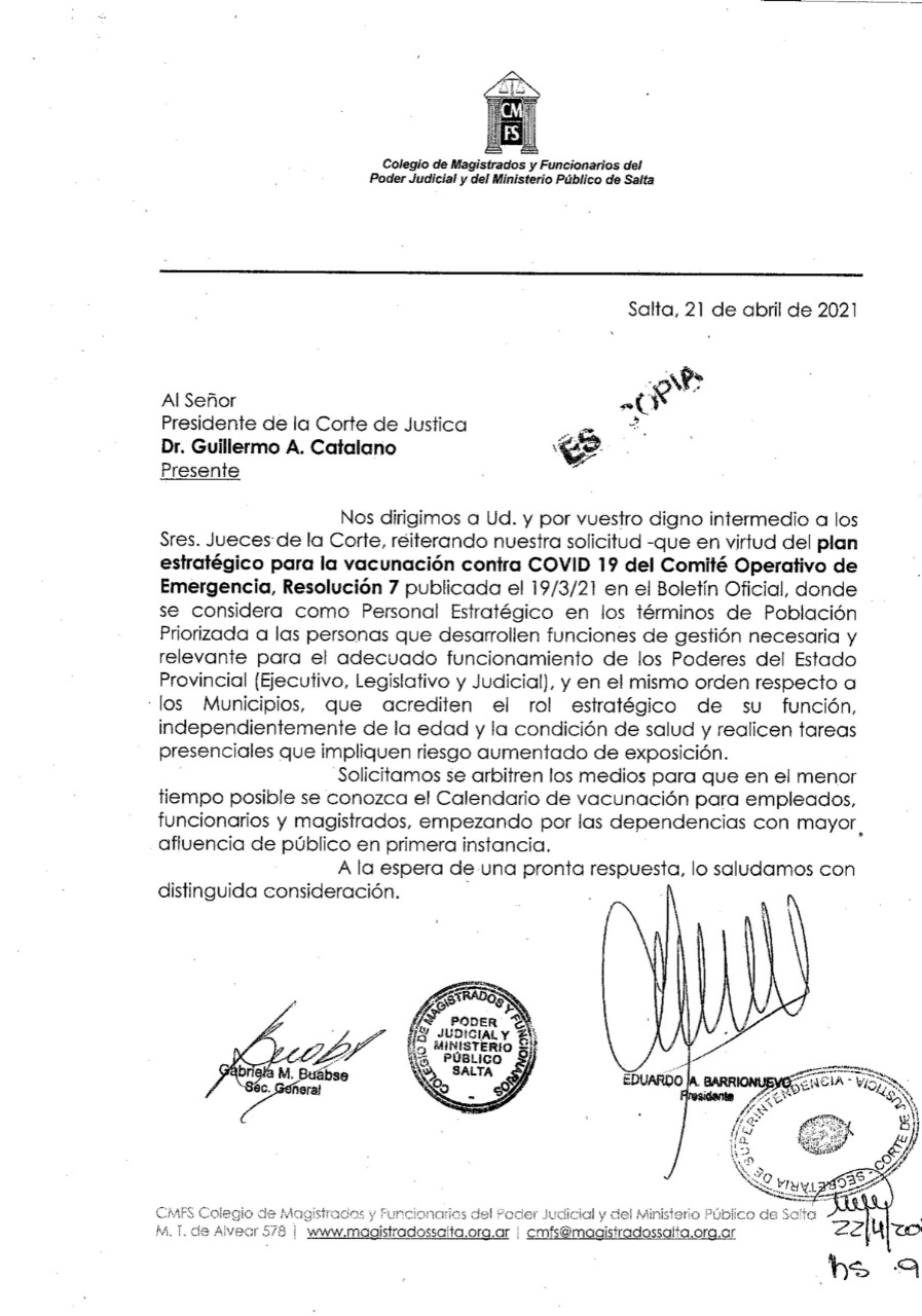 Pedido a la Corte y al Colegio de Gobierno por  las vacunas