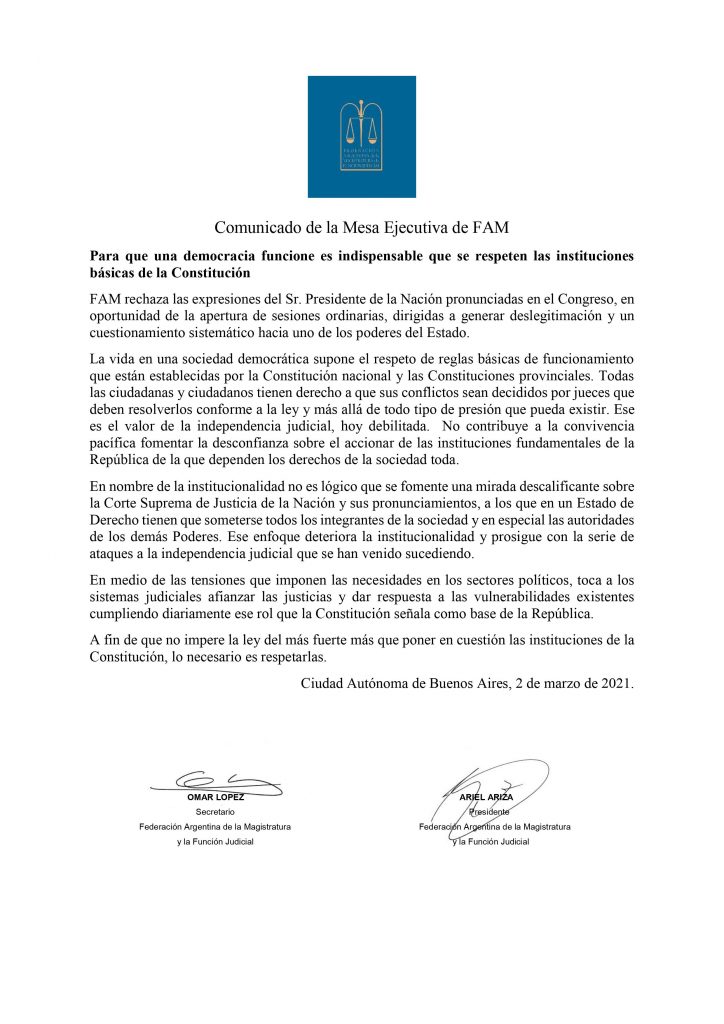 Imagen de la noticia «FAM rechaza las expresiones del Presidente sobre la Justicia»